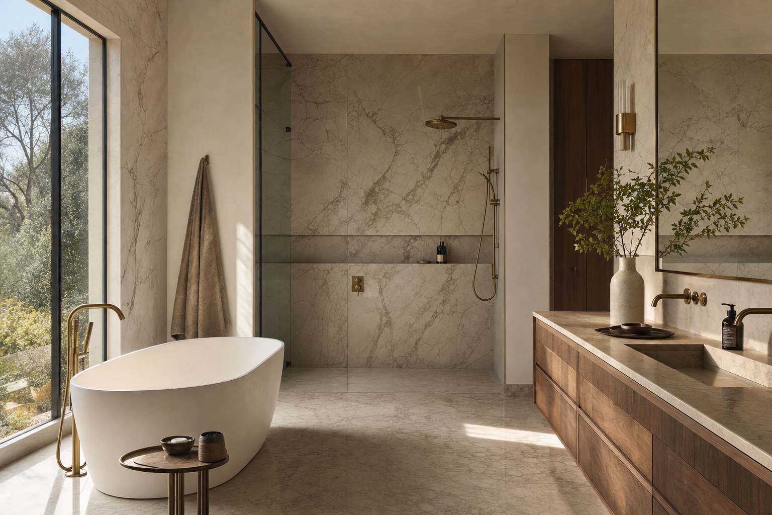 Spa-like primary bathroom with freestanding tub and marble walls