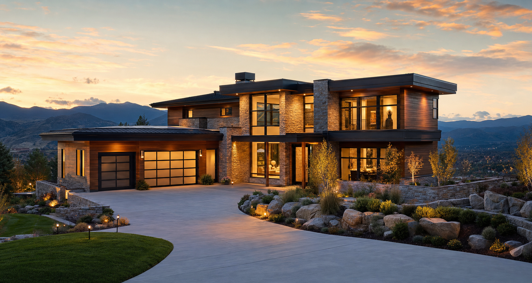 Modern luxury custom home exterior at dusk with mountain backdrop