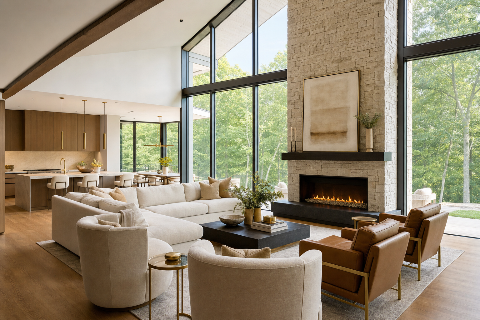 Luxury open-concept living room with floor-to-ceiling windows and stone fireplace