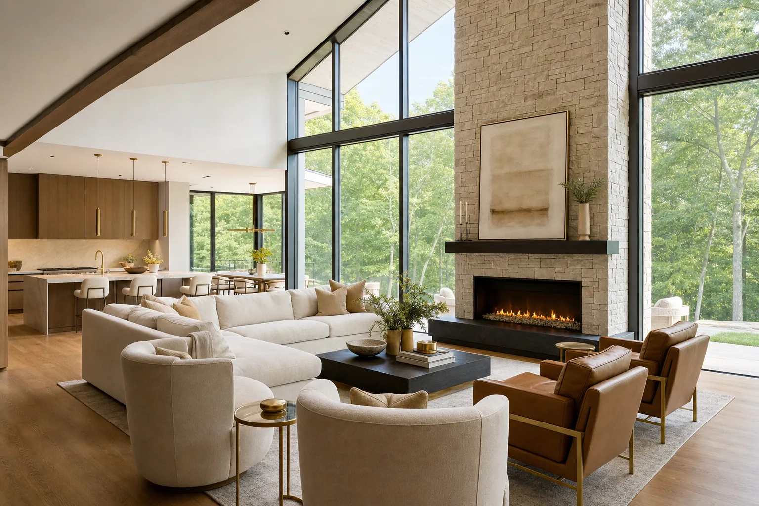 Luxury open-concept living room with floor-to-ceiling windows and stone fireplace